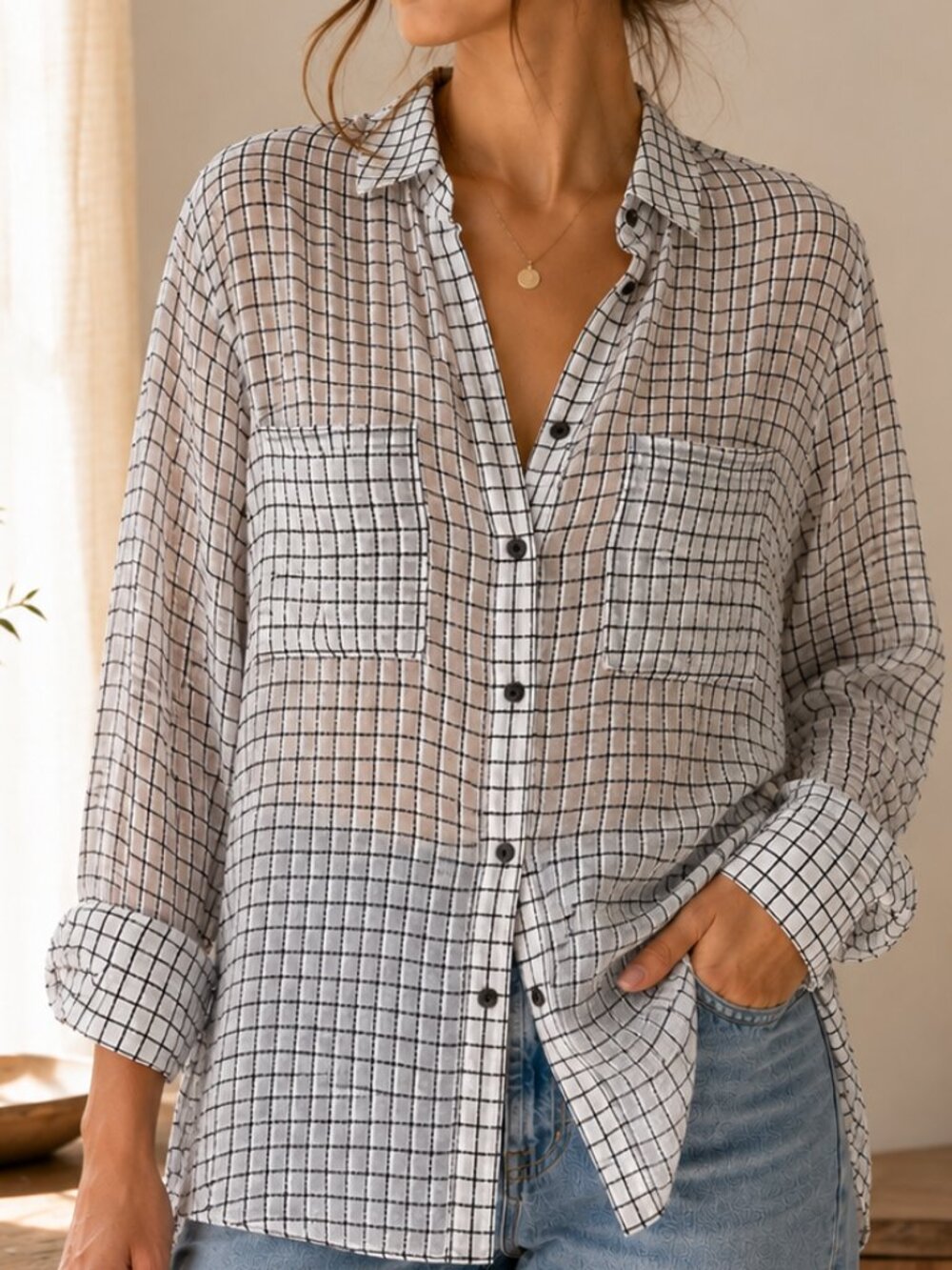 bb dakota sheer windowpane plaid button down blouse white black size m